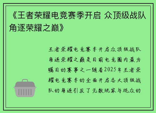 《王者荣耀电竞赛季开启 众顶级战队角逐荣耀之巅》