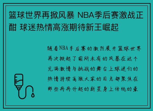 篮球世界再掀风暴 NBA季后赛激战正酣 球迷热情高涨期待新王崛起