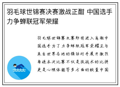 羽毛球世锦赛决赛激战正酣 中国选手力争蝉联冠军荣耀
